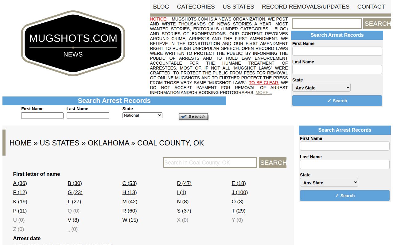 Coal County historical mugshot archive interface from an unofficial third-party source